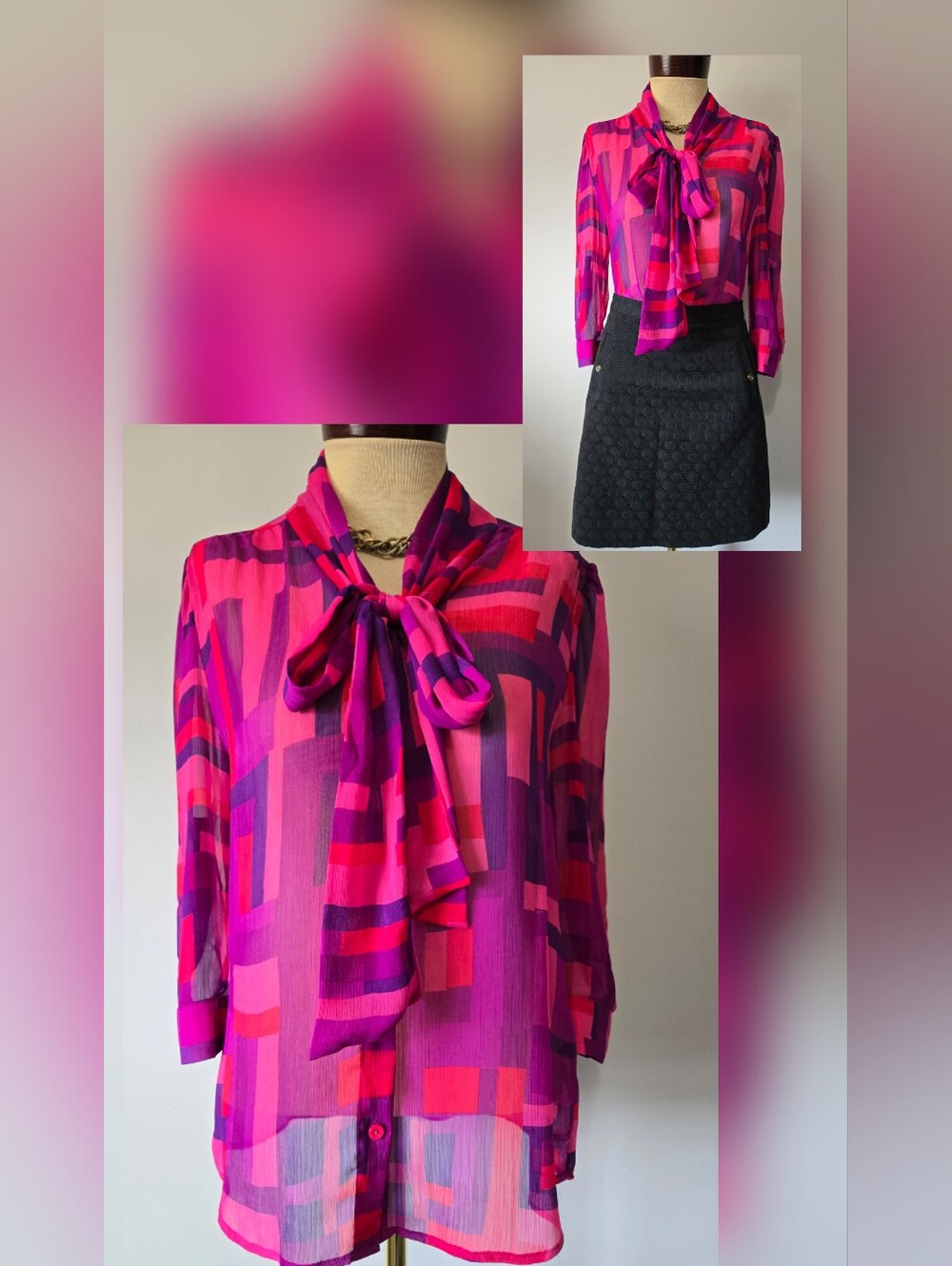Alice + Olivia Semi Shee Fuchsia & Purple Geometric Tie-Neck Blouse. Size Small
